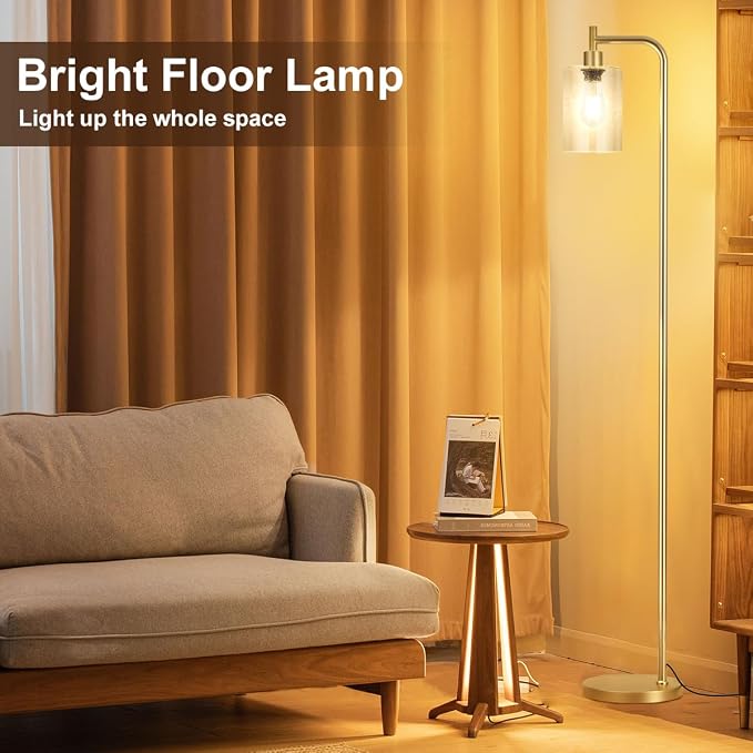 Ziisee Floor Lamps for Living Room - Standing Lamp with Seeded Glass Shade, Modern Gold Floor Lamp with LED Bulbs, Bright Industrial Floor Lamp for Bedroom, Tall Lamp for Office - Gold