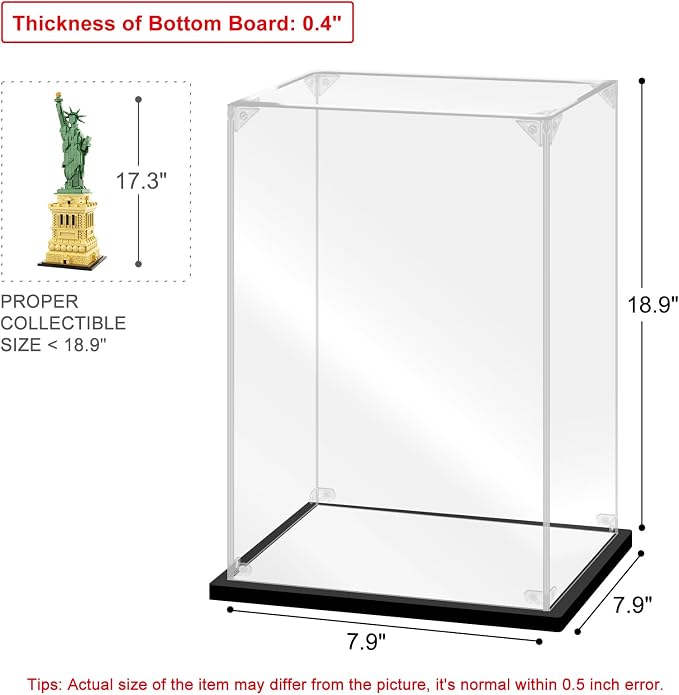 Acrylic Display Case for Collectibles Assemble Acrylic Display Box for Lego 21042 Building Statue Clear Acrylic Case for Display Model Trophy Action Figures(Black,7.9*7.9*18.9 inch)