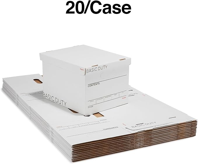 STAPLES Storage & Filing Box, Basic-Duty with Handles & Removeable Lid, Letter & Legal Size Documents, Stackable, 20-Pack, White/Black