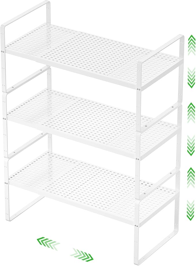 SOFRON Expandable Cabinet Storage Shelf Stackable Organizer Rack for Kitchen Bathroom Pantry Spice Cupboard Coffee Countertop Home Office Desk Heavy Duty Nonslip White Large 3 Packs