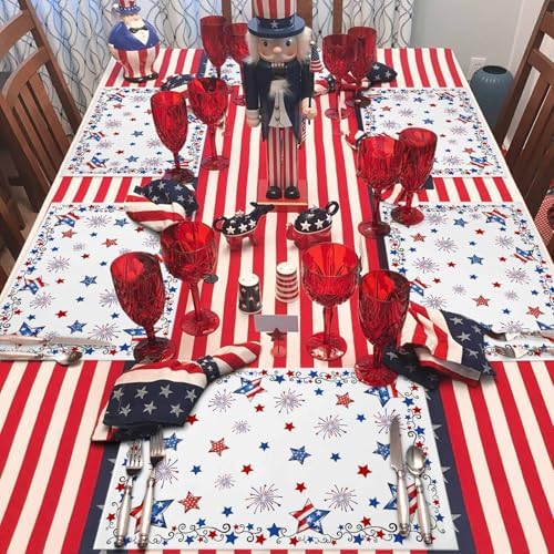4th of July Placemats, Patriotic Stars Fireworks Heat Resistant Washable Dining Table Mats Summer Farmhouse Decor for Kitchen&Table Linens Outdoor Indoor, Red White and Blue American Flag
