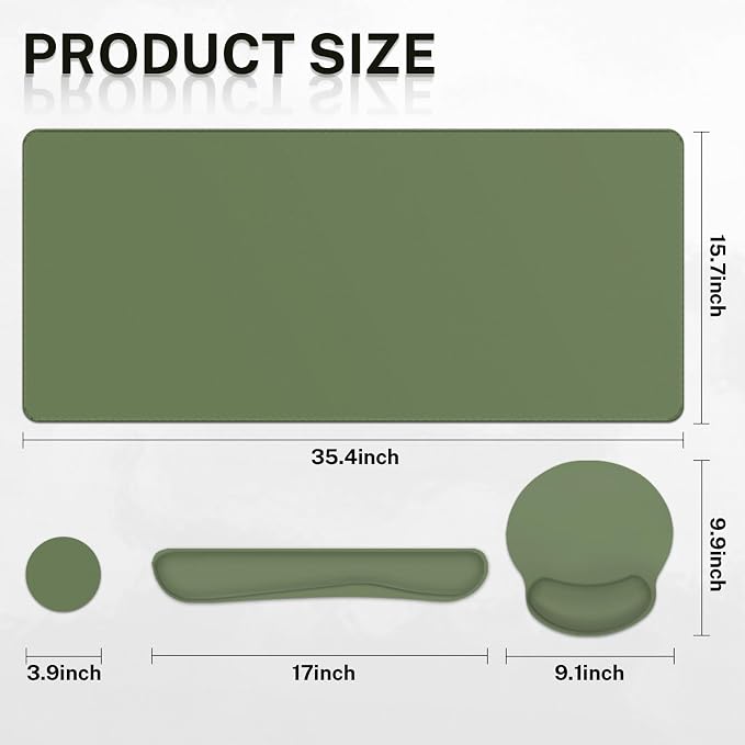 Keyboard Mouse Pad Set, 4 in 1 Desk Mat Set, Olive Green | Large Mousepad+Keyboard Wrist Rest+Mouse Wrist Rest+Coaster Ergonomic Design for Home Office Computer