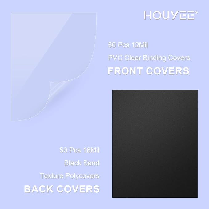 HOUYEE 100 Pack Binding Covers and Backs Set, 8.5x11 Inches, Letter Size | Including 50Pcs 12 Mil Clear Binding Covers, 50Pcs 16 Mil Black Plastic Sand Texture Back Polycovers, Office School Supplies