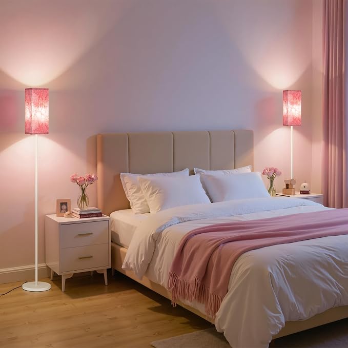Floor Lamp, Pole Lamp with Foot Switch, Modern Standing Lamp, Minimalist Freestanding Lamp (Bulb Not Included), for Living Room, Bedroom Office ETL Listed, White and Sakura Pink WCP07LD05