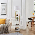 ROSEN GARDEN Floor Lamp, Standing Reading Light with Shelves and Fabric Shade, Modern Tall Pole Lamp, Accent Furniture Décor Lighting for Living Room, Bedrooms (Gold, 4-Tier)
