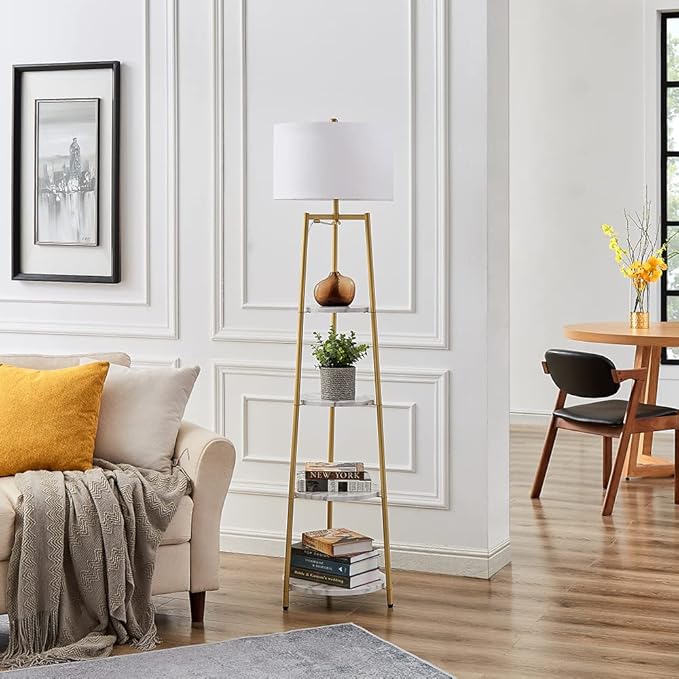 ROSEN GARDEN Floor Lamp, Standing Reading Light with Shelves and Fabric Shade, Modern Tall Pole Lamp, Accent Furniture Décor Lighting for Living Room, Bedrooms (Gold, 4-Tier)