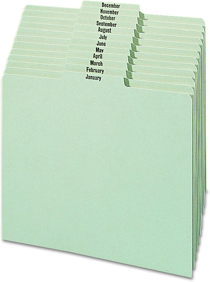 Smead Pressboard Guides, 1/3-Cut Tab Center Position (Jan-Dec), Letter Size, Gray/Green, Set of 12 (50365)