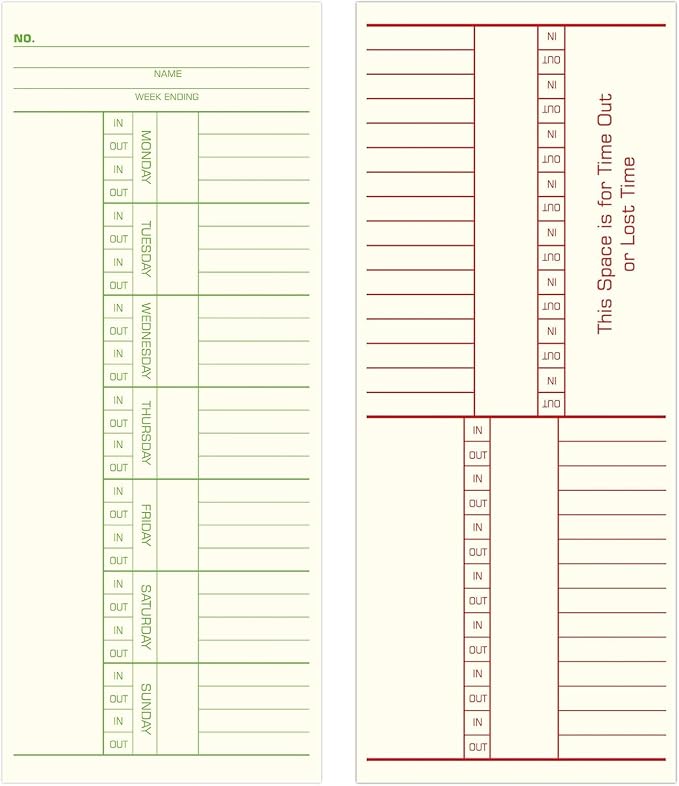 Weekly Time Cards 2-Sided, Named Days, 3-3/8" x 8-1/4", 1000-Count, Time Cards for Employees, Green/Red Print, Timecards for Time Clocks