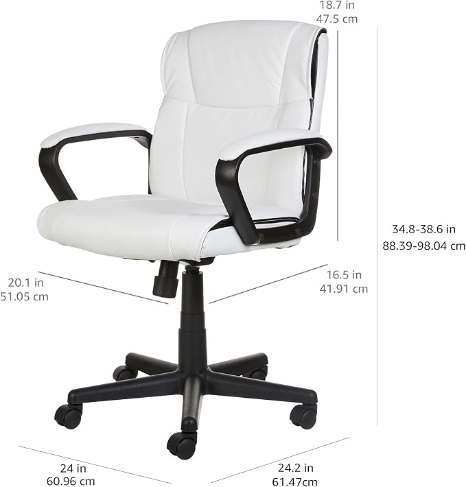 Amazon Basics Office Task Chair with Adjustable Height, 360° Swivel, Padded Armrests, Mid-Back, 275 Pound Capacity, BIFMA Certified, 24.2"D x 24"W x 38.6"H, White Faux Leather