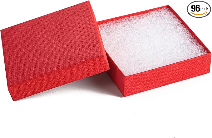 Magicool 96 Pack 3.5x3.5x1 Inch Red Modern Rectangular Jewelry Boxes with Lift-Off Lids, Perfect for Earring, Bracelet, Brooch, Necklace, Ring, Coin, DIY Gift Packaging