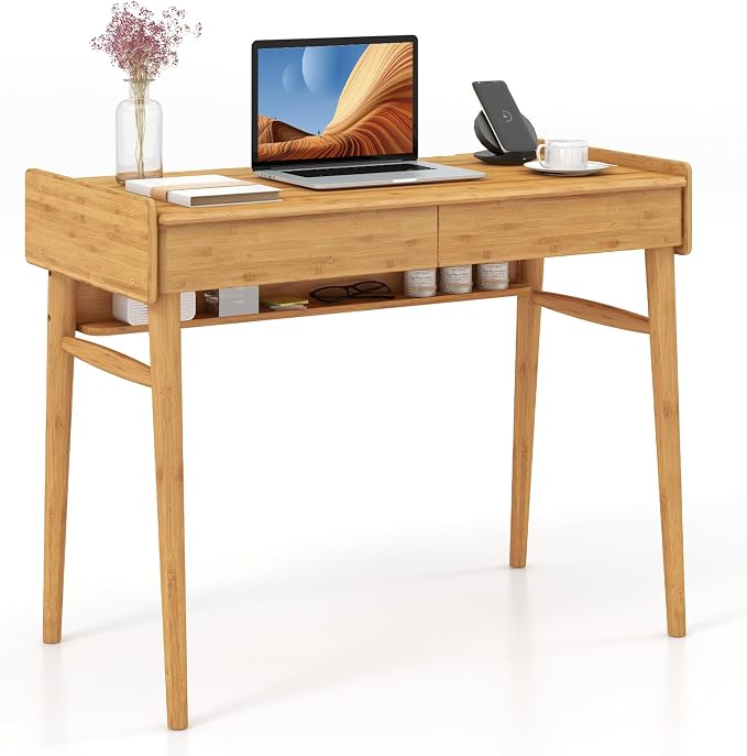 GIANTEX Computer Desk, 39.5" Bamboo Home Office Desk with 2 Storage Drawers and Open Shelf, Makeup Table Vanity Desk, Modern Writing Desk Computer Workstation for Bedroom, Study, Natural
