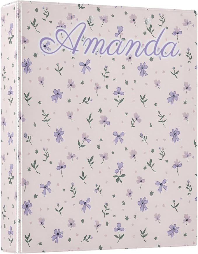 Custom Personalized Name Small Purple Flowers Bows 3 Ring Binder 1.5 Inch