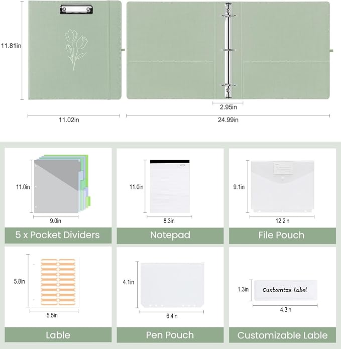 3 Ring Binder with Clipboard,2 Inch Binders with Notepad&5 Dividers with Pockets, Labels,PU Clipboards for School Office(Green Tulip,Letter Size)