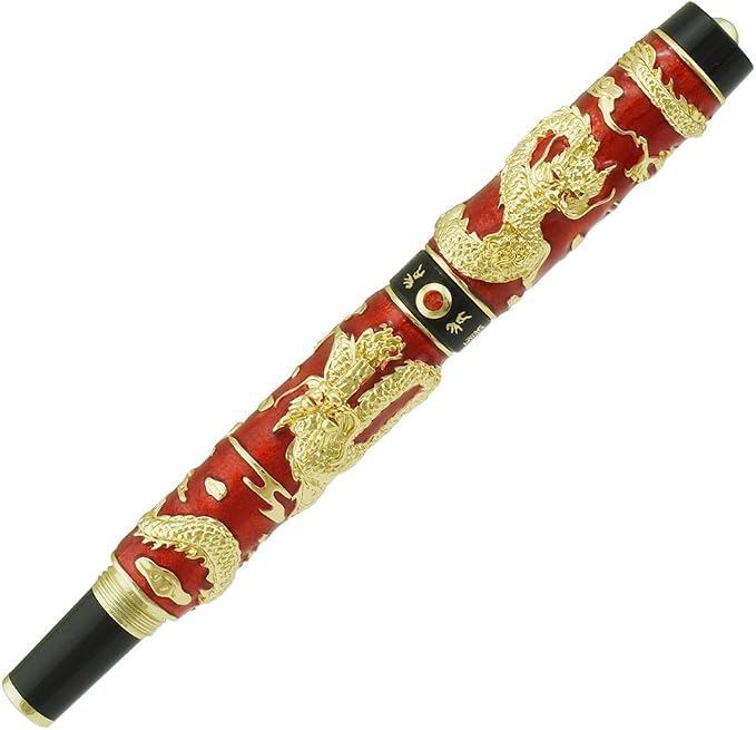Jinhao Double Dragon Rollerball Pen Red Cloisonne Enamel Handcraft for Signature and Collection
