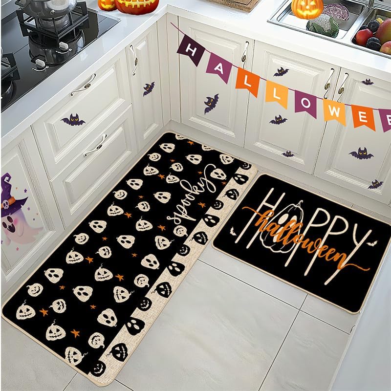 Baccessor Happy Halloween Kitchen Mats Set of 2, Spooky Pumpkins Bats Black Kitchen Rugs for Floor Low-Profile Farmhouse Fall Halloween Party Home Decor 17x29 and 17x47 Inch
