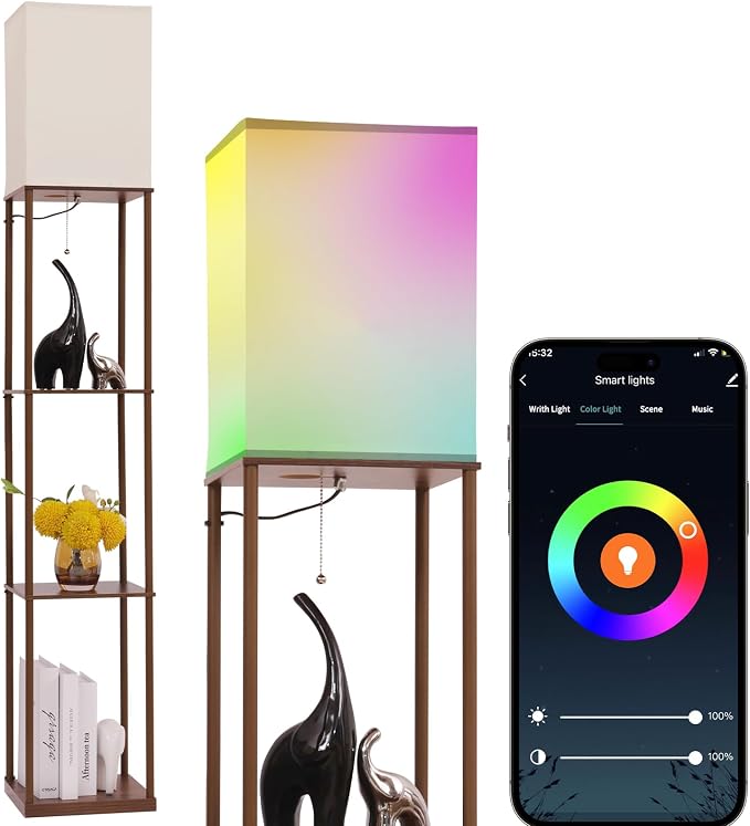 Gupuzm Floor Lamp with Shelves, with Modern Square Standing Lamp with Smart APP Control RGB Bulb, Corner Display Bookshelf Lamp for Living Room, Bedroom and Office(brown-9RGB)