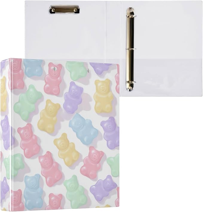 Cute Pastel Gummy Bears Round Ring Binders 1.5 Inch 3 Ring Binder with Clipboard Holds 200 Sheets Office Home School