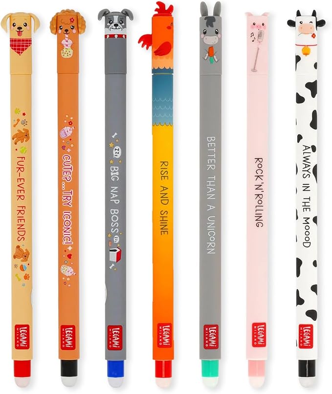 LEGAMI Fur-ever Friends + Farm Sweet Farm Set of 7 Erasable Gel Pens with Heat Sensitive Ink, Coloured Ink and Animal Theme Designs, 0.7mm Tip, Dogs and Farmyard Animals