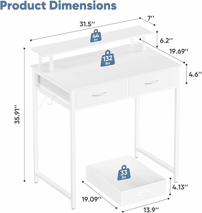 DUMOS 31-Inch Computer Desk with Drawers and Monitor Stand, White | Small Writing Desk for Home Office with Headphone Hook, Compact Study Table for Bedroom