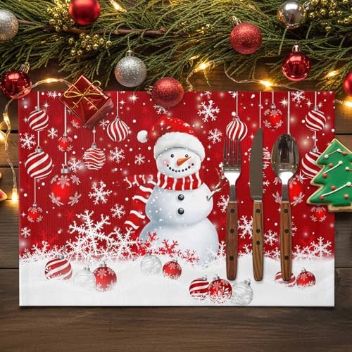 Christmas Placemats 1 Pack, Snowman Heat Resistant Washable Dining Table Mats Xmas Holiday Farmhouse Decor for Kitchen&Linens Outdoor Indoor, Snowflake Red Christmas Balls