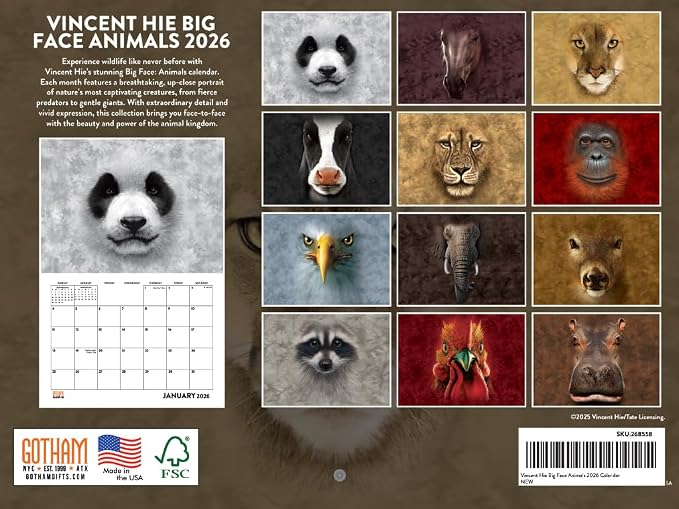 Vincent Hie Big Face Animal Calendar 2026 Monthly Wall Calender 12 Month | American Made In The USA