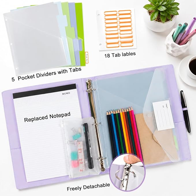 3 Ring Binder with Clipboard,1 Inch Binders with Notepad&5 Dividers with Pockets, Labels,PU Clipboards for School Office(Purple,Letter Size)
