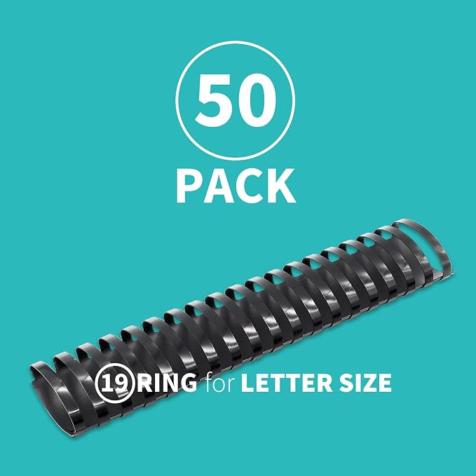 Binditek Plastic Binding Comb Spines, 2 Inch, 19 Ring, Black, 50 Packrs | Plastic Binding Combs, 2 Inch Diameter, 450 Sheet Capacity, for Letter Size, for Students and Coworkers