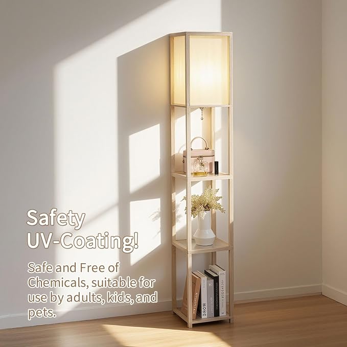 Floor Lamp with Shelves, Modern Square Standing Lamp with Glass Shelves, Corner Display Shelf with Light, Tall Lamp with Shelves for Living Room, Bedroom, Office, Bookshelf