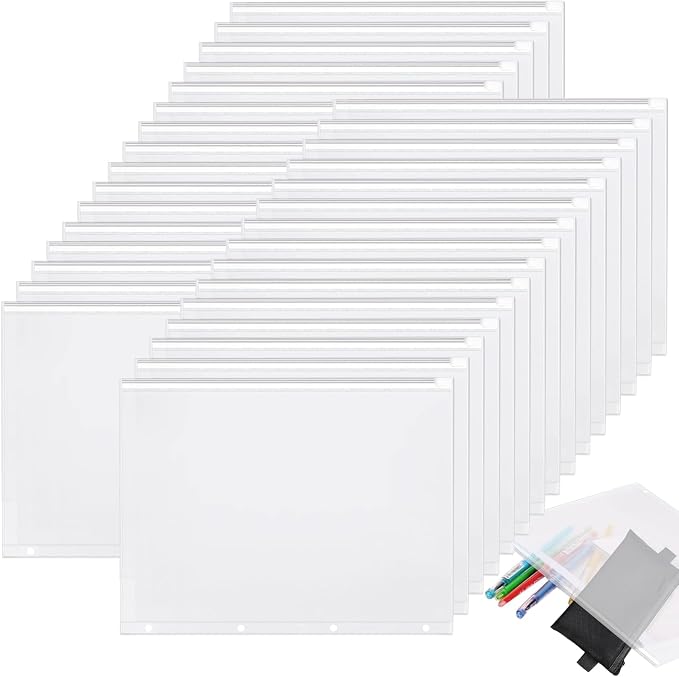 60 Pieces A4 Binder Zipper Pouches, Clear 4 Holes Document Holders | Zip Envelopes Waterproof PVC Folders Binder Pouch Filing Bags for School Office Travel Storage Document Letter Supplies