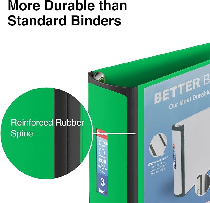 Staples Better Binder, 3 Inch D-Ring, Green, 600 Sheets, 2-Pack | Reinforced spine for durable organization in office, school, or presentations.