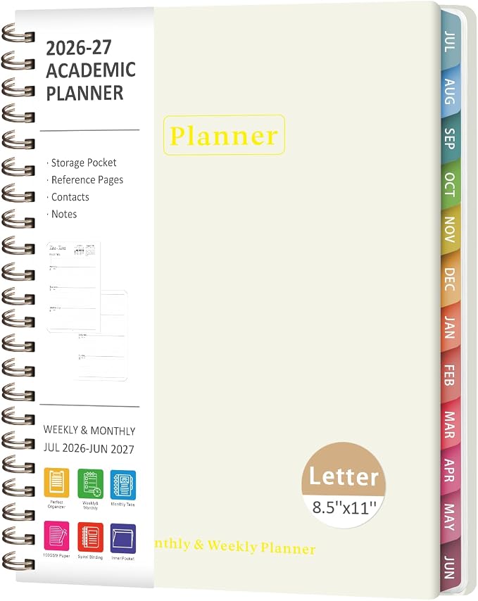Planner 2026-2027, Academic Weekly and Monthly Calendar Planner, July 2026 - June 2027, Hardcover Spiral Agenda Book, School Supplies for Teacher Student - Letter Size(8.5" x 11")