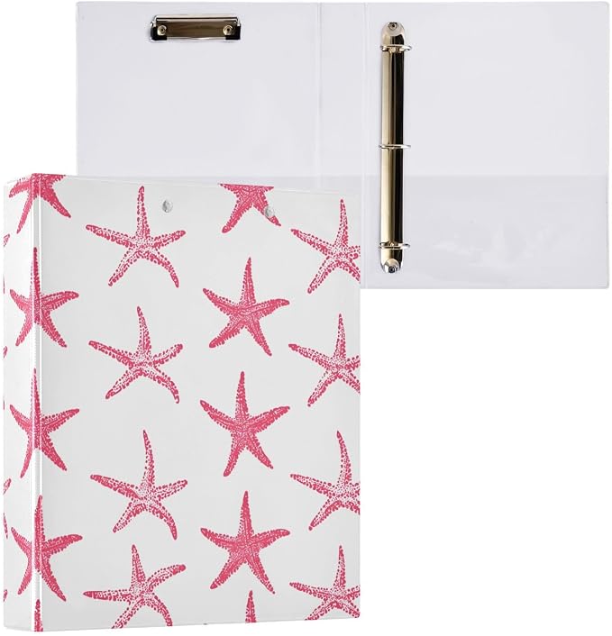 Pink Starfish Nautical Coastal Ocean C 3 Ring Binder with 2 Interior Pockets 1.5 inch Binders 3 Ring Heavy Duty Fit 8.5" x 11" Letter Size for Office School, 2 Pack