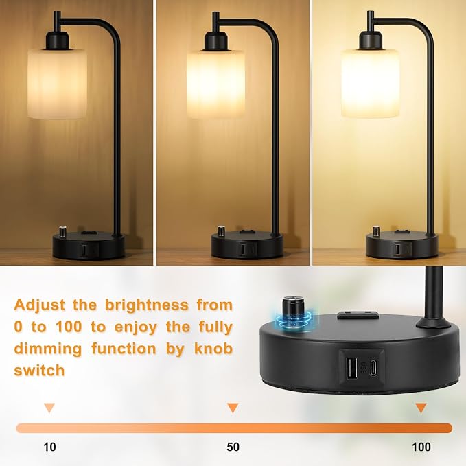 Industrial Bedroom Lamps for Nightstand Set of 2 - Fully Dimmable Bedside Lamps with USB A C Ports and Outlet, Black Table Lamps with Opal Glass Shade for Living Room, Desk Lamps for Office Reading