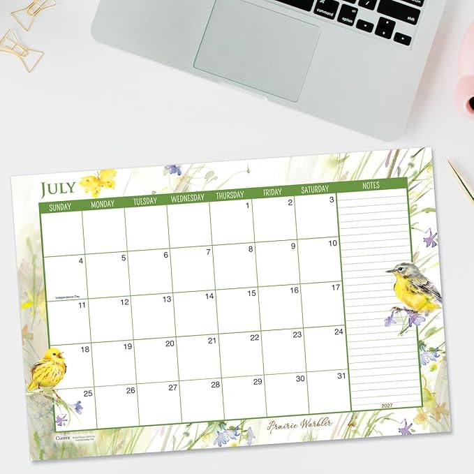 Current 2027-2028 Desk Calendar Pad | Year of Birds, 11” x 16.25”, Large, 2024-Month, 12 page Designs, Self-Stick Magnet Strips