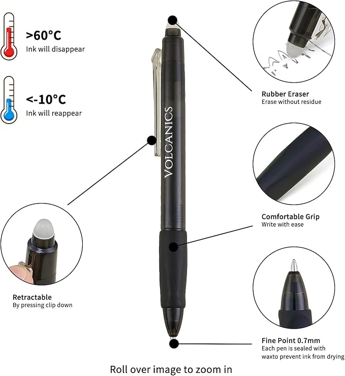 Volcanics 24 Pack Retractable Erasable Gel Pens, 12 Blue & 12 Soft Black Ink, 0.7mm Medium Point Clicker Erasable Pens with Built-in Eraser for School, Office, Note Taking and Journaling
