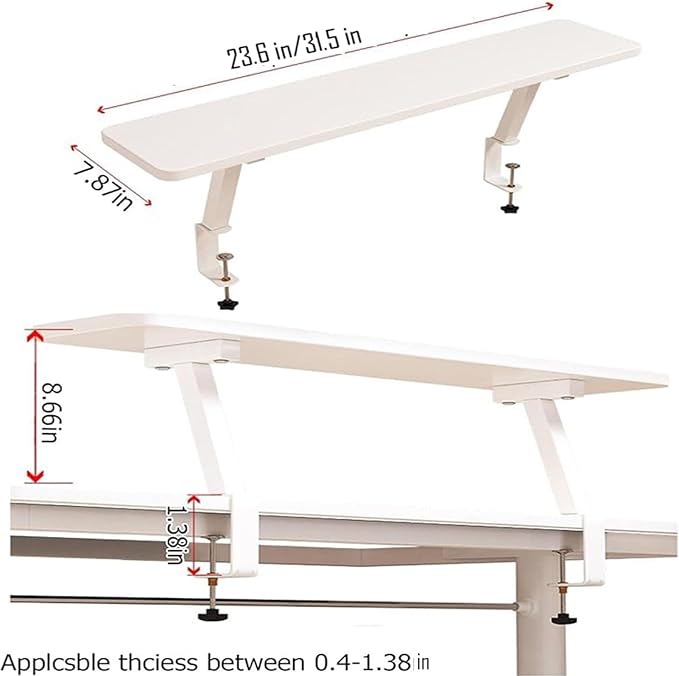 31.5x7.8in Clamp on Desk Shelf, Adjustable Desktop Organizer Extension Bookshelf Above Storage Rack Accessories for Home Office Organization White