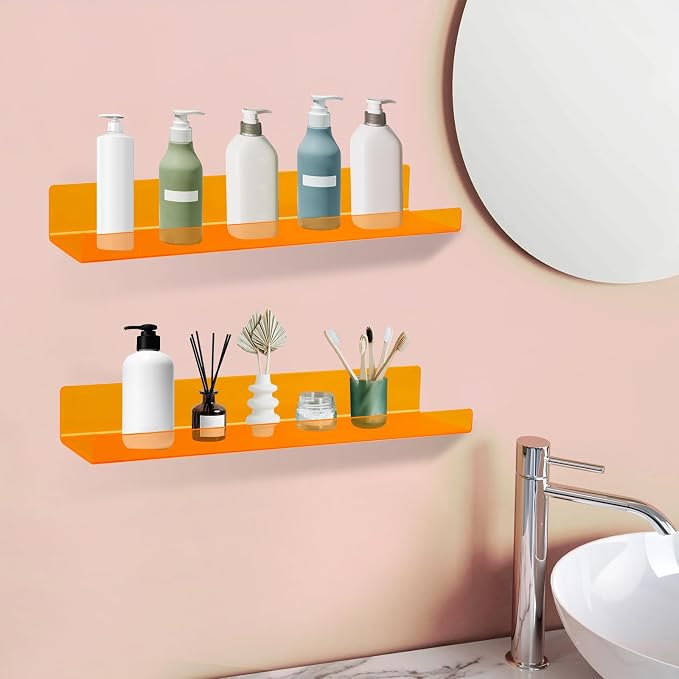 Dezzer 6 Pack Acrylic Shelves for Wall, 15" Acrylic Floating Shelves for Bathroom Bedroom, Invisible Bookshelf Wall Ledge Storage Shelf Books Perfume Toys Action Figure Display Shelves, Clear Orange