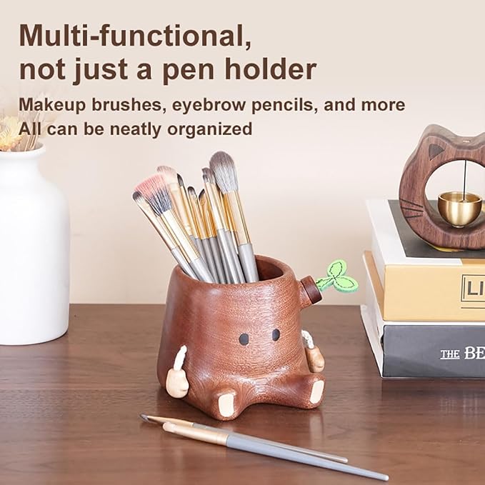 Stump Pen Holder – Cute Wooden Desk Organizer, Fairy Tale Tree Stump Pencil Cup for Stationery, Makeup Brushes, Dried Flowers, Solid Wood Desktop Decor Gift