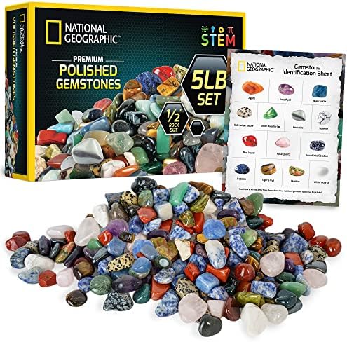 National Geographic Polished Stones and Crystals 5 Lb. Bulk Collection | 5 Lbs. of 1/2-Inch Tumbled Stones, Real Rocks and Crystals, Bulk Craft Supplies, Rock Collection, Geology Activity