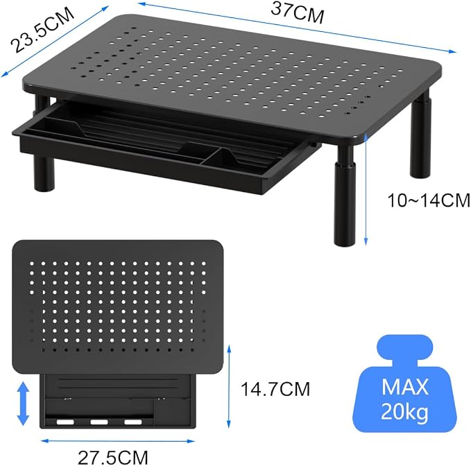 suptek Computer Monitor Stand Riser with Drawer,Monitor Riser for Laptop, Printer, Notebook and All Flat Screen TV Display with Vented Platform,3 Height Adjustable Laptop Riser,1 Pack,Black