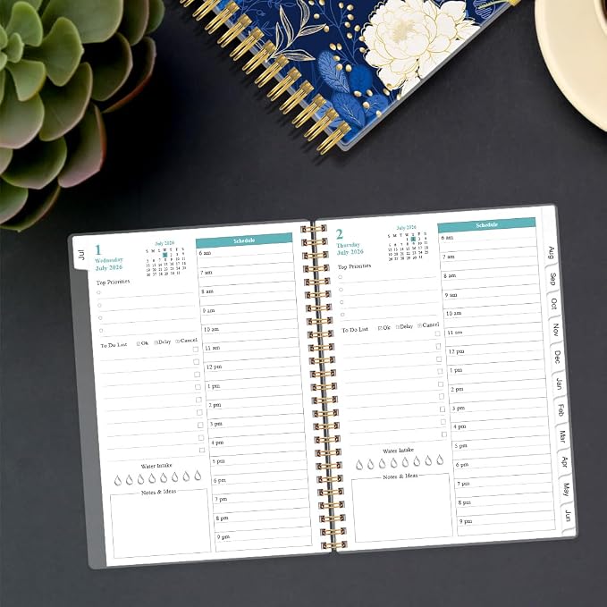 Daily Planner 2026-2027 Full Page Per Day- 2026-2027 Daily & Monthly Planner from July 2026 to June 2027, Day Planner 2026-27 with 12 Months Tabs, 6.4" x 8.5", Black Flowers