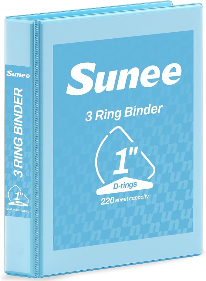 SUNEE 3 Ring Binder 1 Inch D Ring, Clear View Binder Three Ring PVC-Free (Fit 8.5x11 Inches) for School or Office Supplies, Sky Blue, 1 Pack