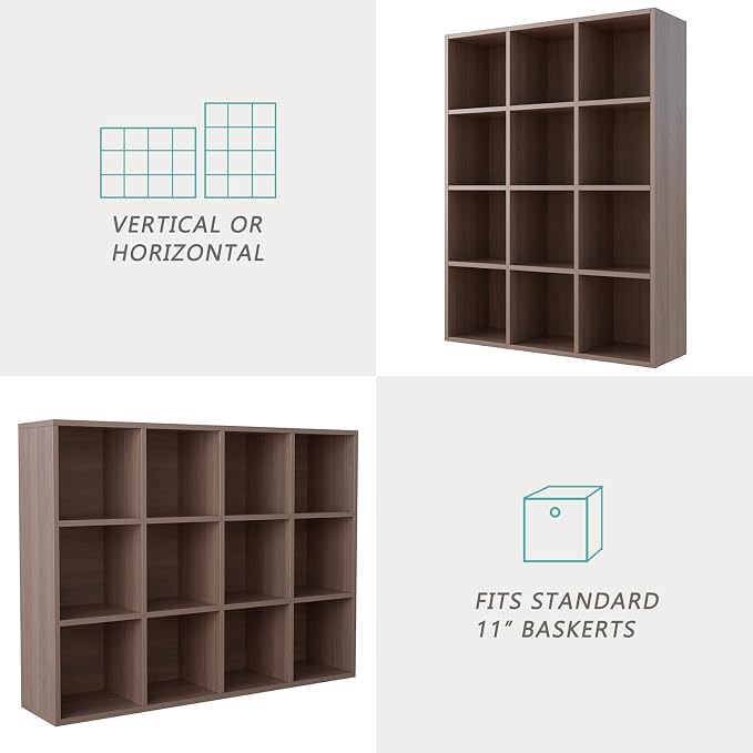 12-Cube Storage Shelf Bookcase, Walnut | Wooden 3-Tier Open Bookshelf, Fits 11×11" Bins, Vertical or Horizontal Use, Full Back Panels, For Home Office