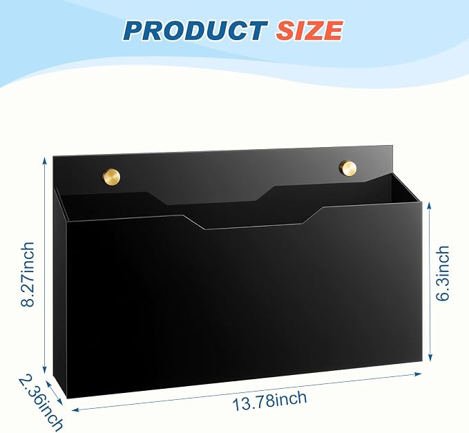 Feifeiya 1 Pack 14"x8.3"x2.4" Black Acrylic Wall File Holder Organizer Wall Mount Magazine Document Brochure Mail Pocket Durable File Storage with 3 Colors Screw Cap for Office Home Waiting Room Use