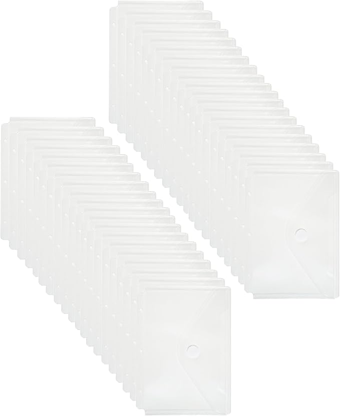 Plastic 3 Ring Binder Pockets Clear Pouches for 5.5’’ x 8.5’’ Paper Folder Organizer Hook Loop Closure 40 Pack