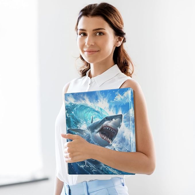 Custom 3 Ring Binder Cute Shark Blue Ocean Wave 1.5" Round Ring Binders Personalized Name View Binder with 200 Sheet for Kids School Supplies Women Men Office, 1 Pack