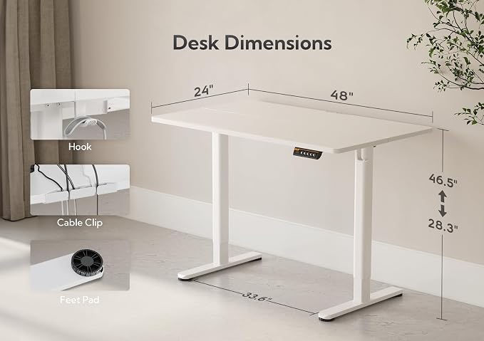 Claiks Electric Height Adjustable Standing Desk, 48x24 Inch, White | Smooth Height Adjustment, 3 Memory Presets, Cable Management Hub&Hook, Stable Steel Frame, 176lbs Capacity, Easy Assembly