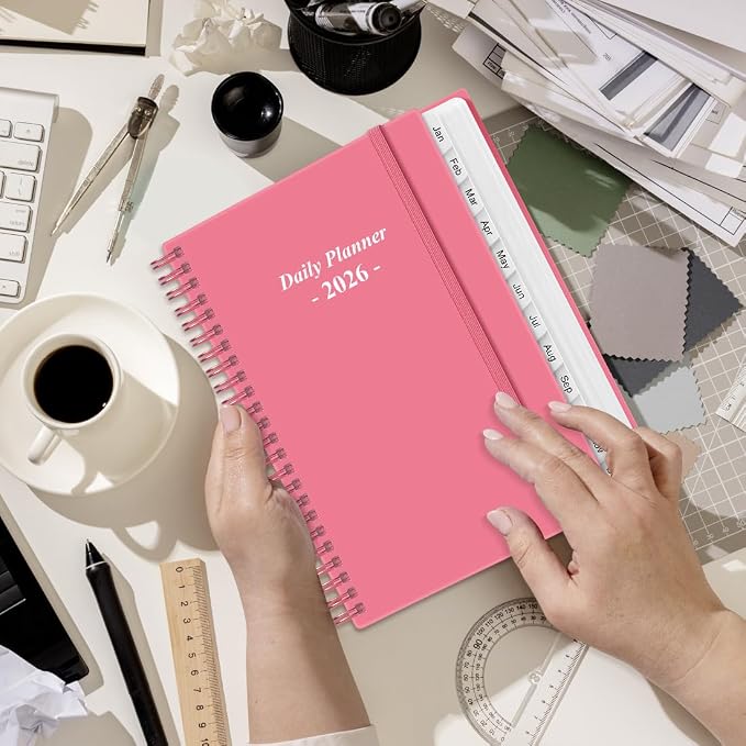 Daily Planner 2026 Full Page Per Day- 2026 Daily & Monthly Planner from January 2026 to December 2026, Day Planner 2026 with 12 Months Tabs, 6.4" x 8,5", Pink