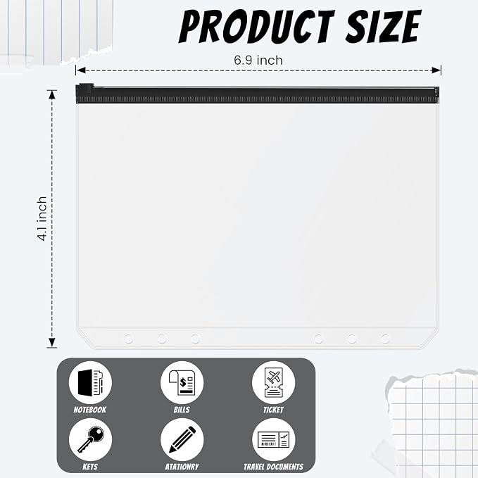 Zonon 30 Pcs A6 6 Rings Black Zipper Binder Pouches Clear Binder Pockets with Zipper Folders Waterproof PVC Loose Leaf Bags Filling Bags for Pen Pencil Notebooks File Document
