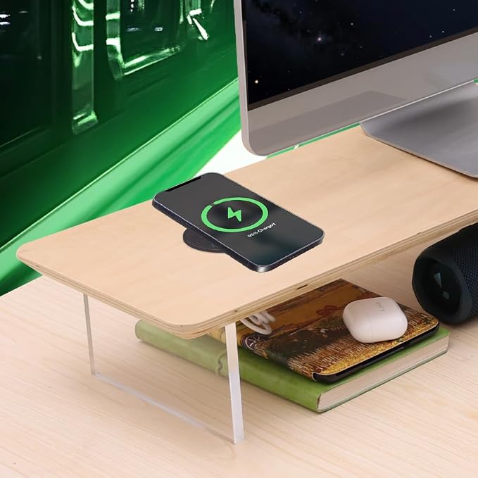 SUIBIAN White Monitor Stand Riser with Wireless Charging 31.5Inch Large, Computer Monitor Stand,Wooden Desktop Organizer Shelf for Office Desk Computer,Laptop,TV (White Oak)